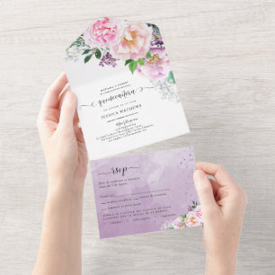 in Spanisch, Elegant Lila Blumen Quinceañera Alles All In One Einladung