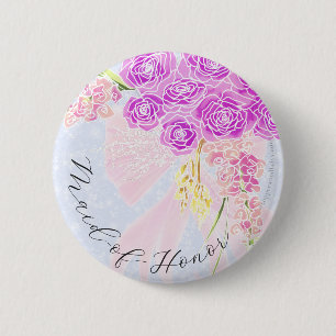 In The Blue-Sweet Pink Bow Bouquet Maid-of-Honor  Button