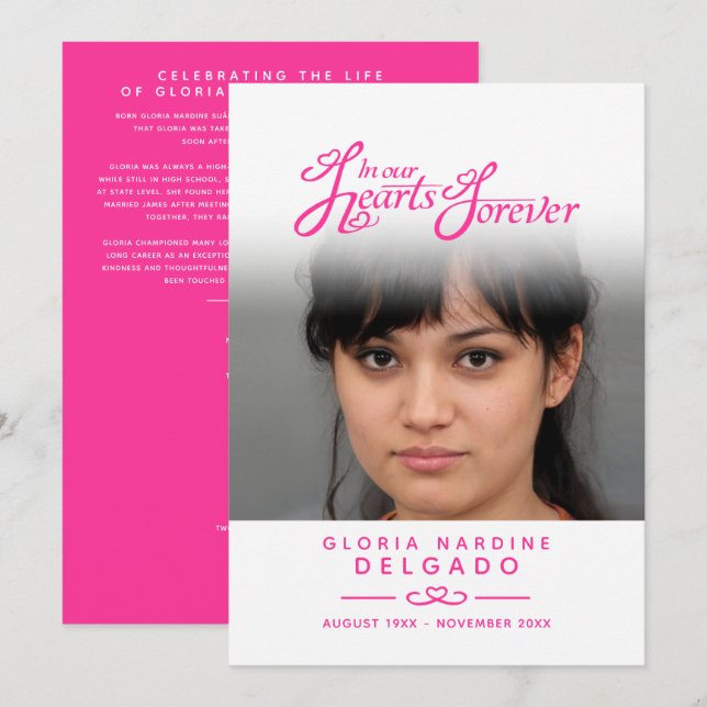 In unseren Herzen Begräbnisprogramm weiß und pink Programm (Vorne/Hinten)