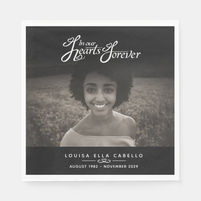 In unseren Herzen für immer Foto schwarze Beerdigu Serviette (Vorderseite)