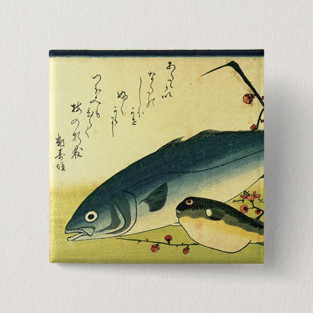 Inada & Fugu - Hiroshige's japanische Fischdrucker Button (Vorderseite)