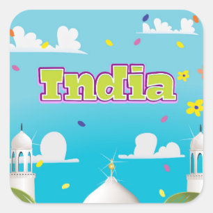 India Cartoon Travel Print. Quadratischer Aufkleber