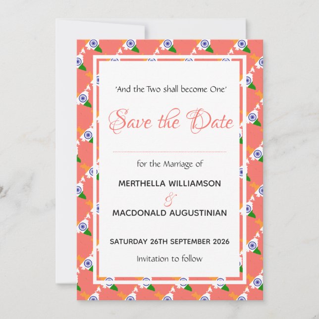 INDIA Patriotic Wedding Special Celebration Coral Save The Date (Vorderseite)