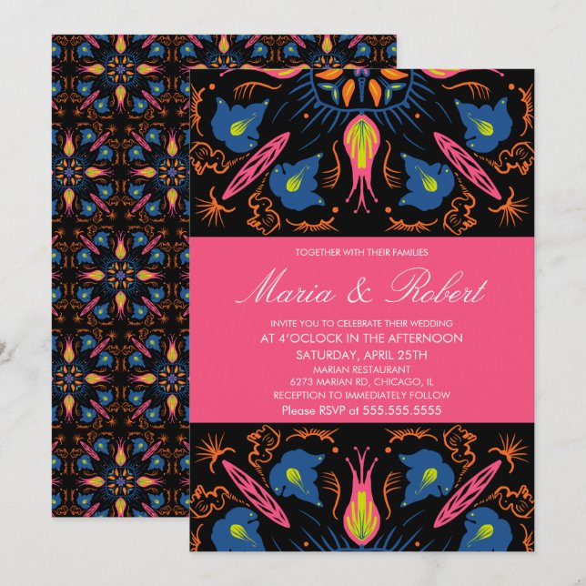 India Wedding Theme Elephant Floral Black Invitat Einladung (Vorne/Hinten)
