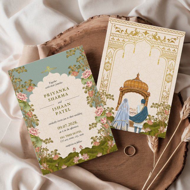 Indian Arch Floral Ästhetische Hochzeit Einladung (Indian Wedding Invitation Floral Teal Lotus Roses Gold Punjabi Hindu Wedding)