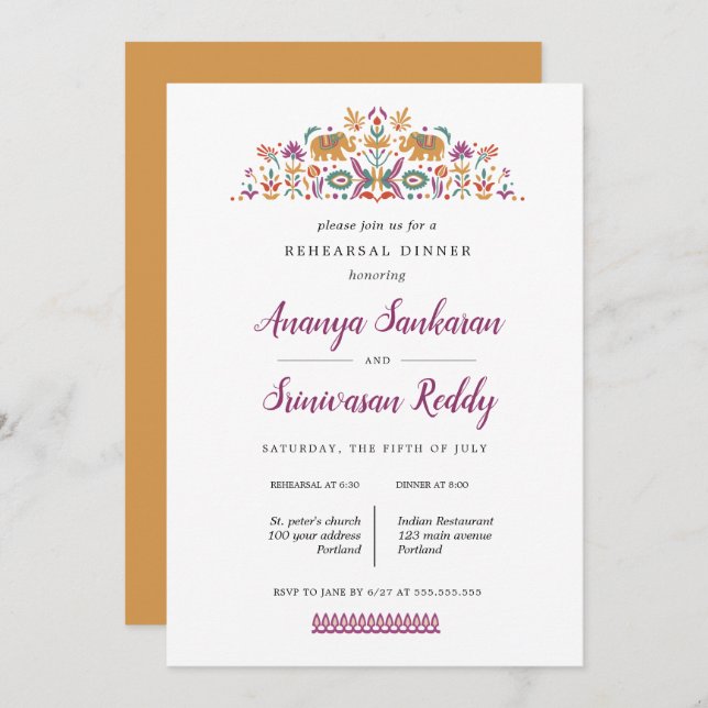 Indian Blume Elephant Hochzeit Probe Dinner Einladung (Vorne/Hinten)