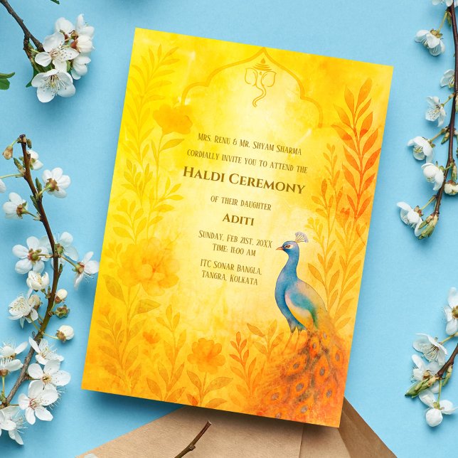 Indian Bride Haldi Zeremony Peacock Floral Einladung (Von Creator hochgeladen)