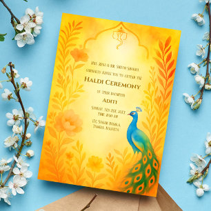 Indian Bride Haldi Zeremony Peacock Floral Einladung