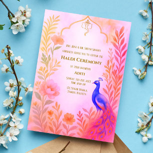 Indian Bride Haldi Zeremony Peacock Floral Einladung