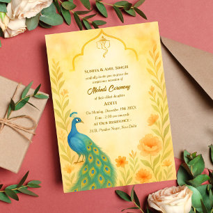 Indian Bride Mehndi Zeremonie Peacock Floral Einladung