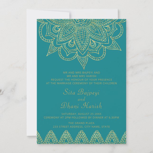 Indian Bright Blue Green Gold Mehndi Hindu Wedding Einladung (Vorderseite)
