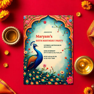 Indian Elegant Floral Peacock 60. Geburtstag Einladung