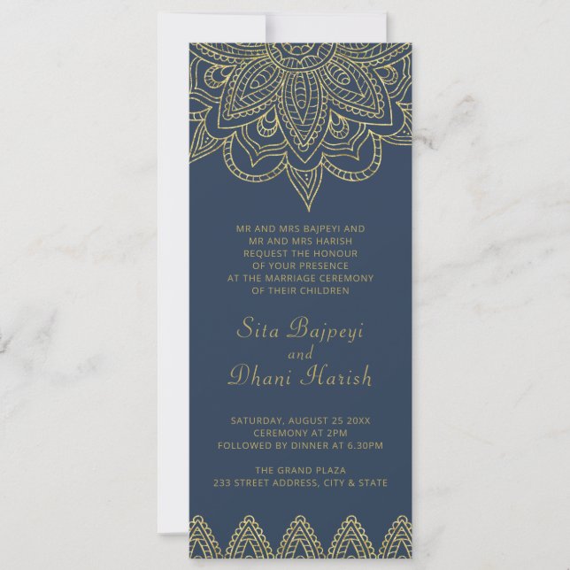 Indian Elegant Navy Gold Mehndi Hindu Wedding Invi Einladung (Vorderseite)