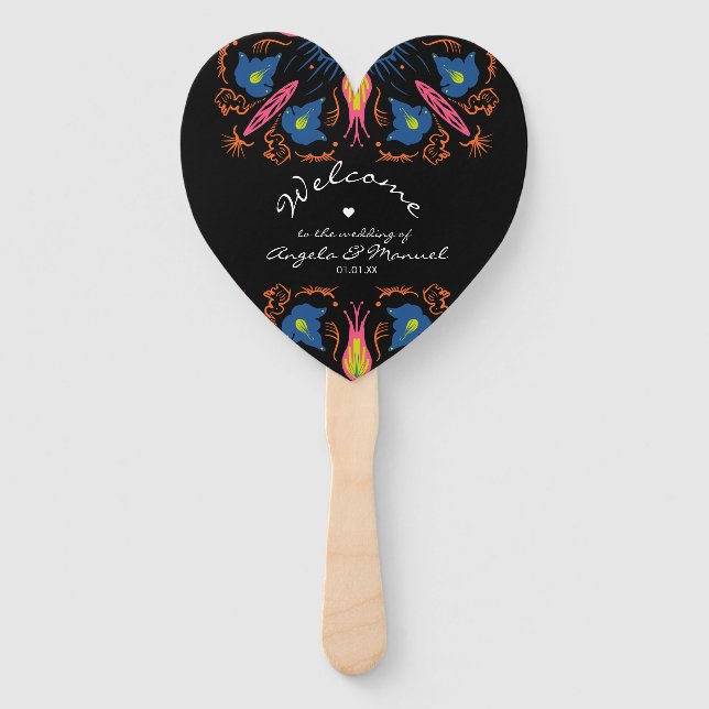 Indian Elephant Floral Black Wedding Heart Fächer (Vorderseite)