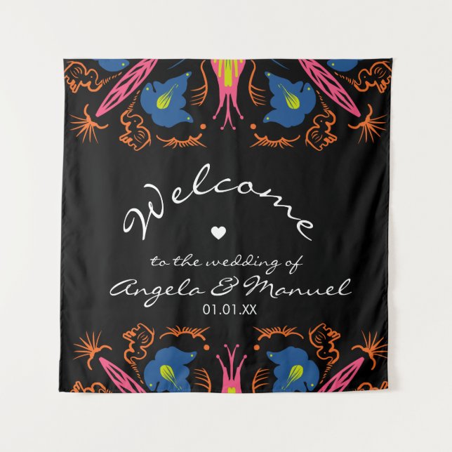 Indian Elephant Floral Black Wedding Wandteppich (Vorderseite)