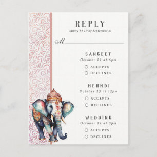 Indian Elephant Multi Event Wedding RSVP Card Postkarte