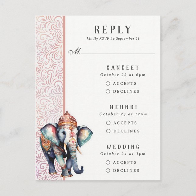Indian Elephant Multi Event Wedding RSVP Card Postkarte (Vorderseite)