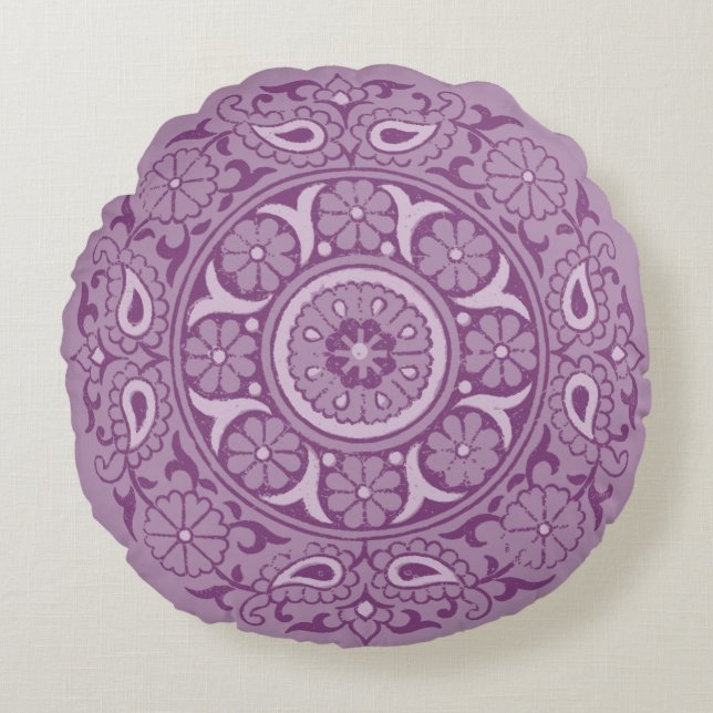 Indian Floral Motif - Lavender und Lila Rundes Kissen (Vorderseite)