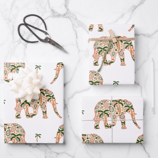 Indian Floral Paisley Ornate Elephants Geschenkpapier Set (Vorderseite)