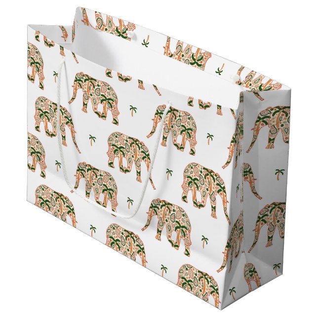 Indian Floral Paisley Ornate Elephants Große Geschenktüte (Vorderseite Schrägansicht)