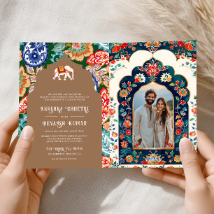 Indian Folk Art Elephant Beige Wedding Einladung