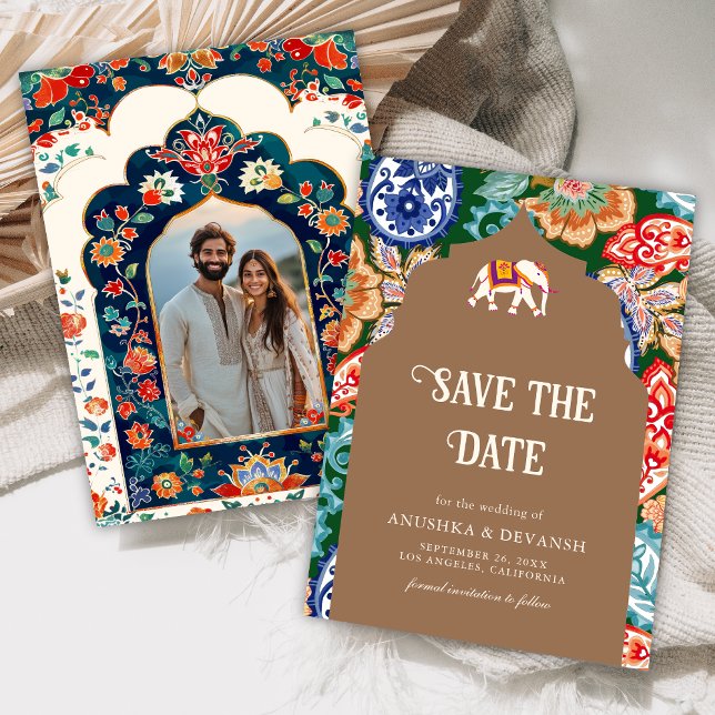 Indian Folk Art Elephant Beige Wedding Save The Date (Von Creator hochgeladen)
