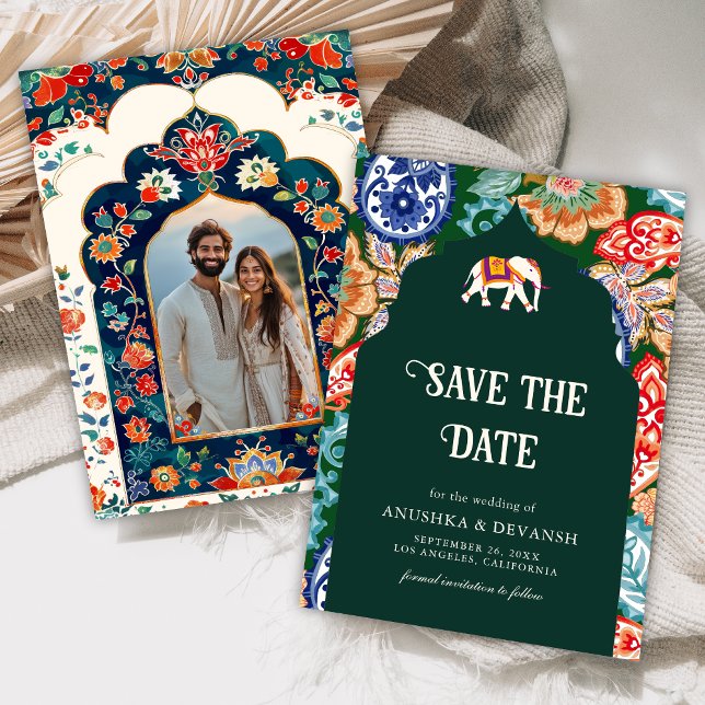 Indian Folk Art Elephant Emerald Green Wedding Save The Date (Von Creator hochgeladen)