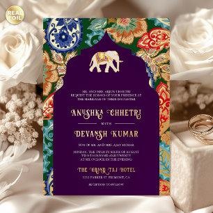 Indian Folk Art Elephant Wedding Eggplant Gold Folieneinladung