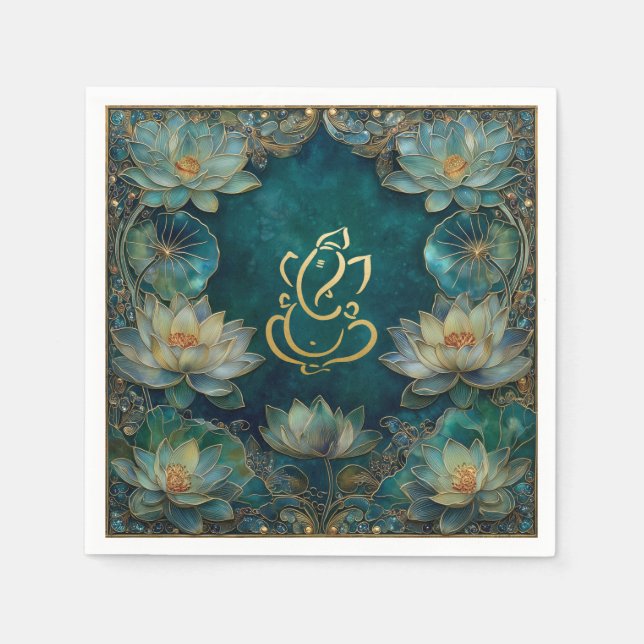 Indian Ganesh Green Gold Traditionelle Lotus Weddi Serviette (Vorderseite)