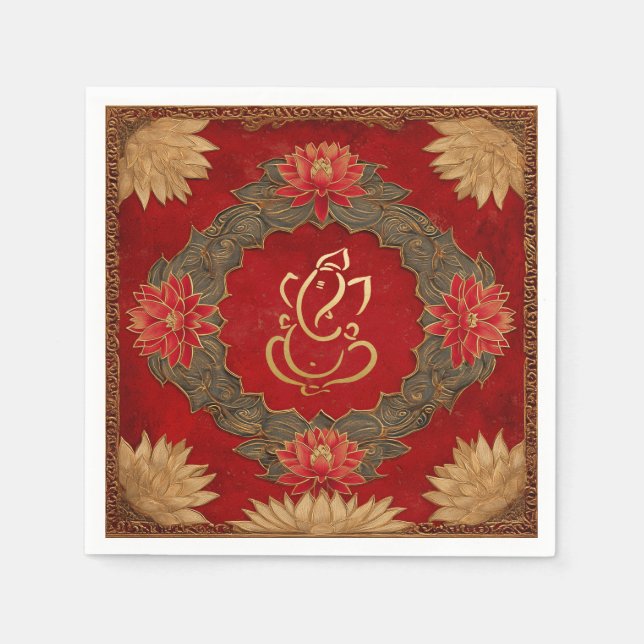 Indian Ganesh Red Gold Traditionelle Lotus Wedding Serviette (Vorderseite)