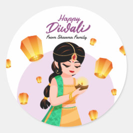 Indian Girl with Floating Lanterns Happy Diwali Runder Aufkleber