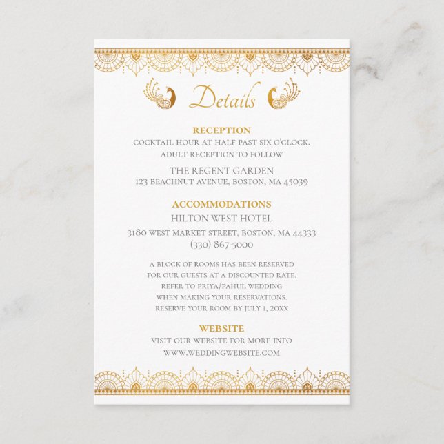 Indian Gold Ethnic Muster Wedding Details Card Begleitkarte (Vorderseite)
