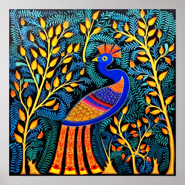 Indian Gond Art Peacock Black | Art of India Poster (Vorne)
