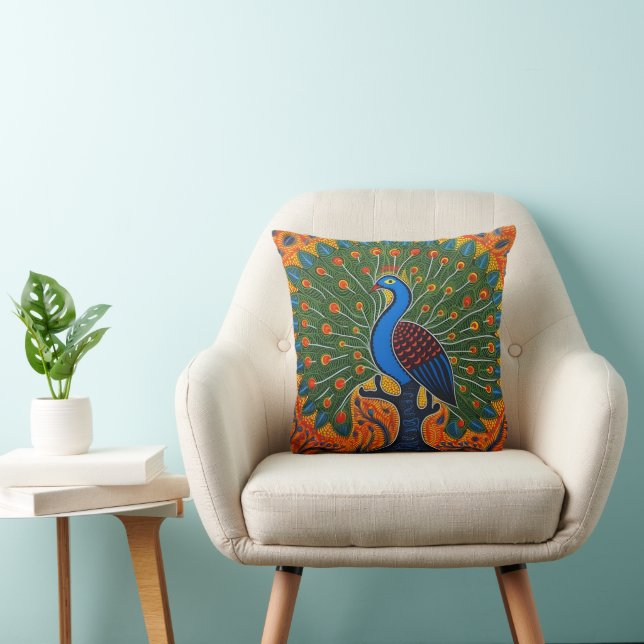 Indian Gond Art Peacock Orange | Art of India Kissen (Stuhl )