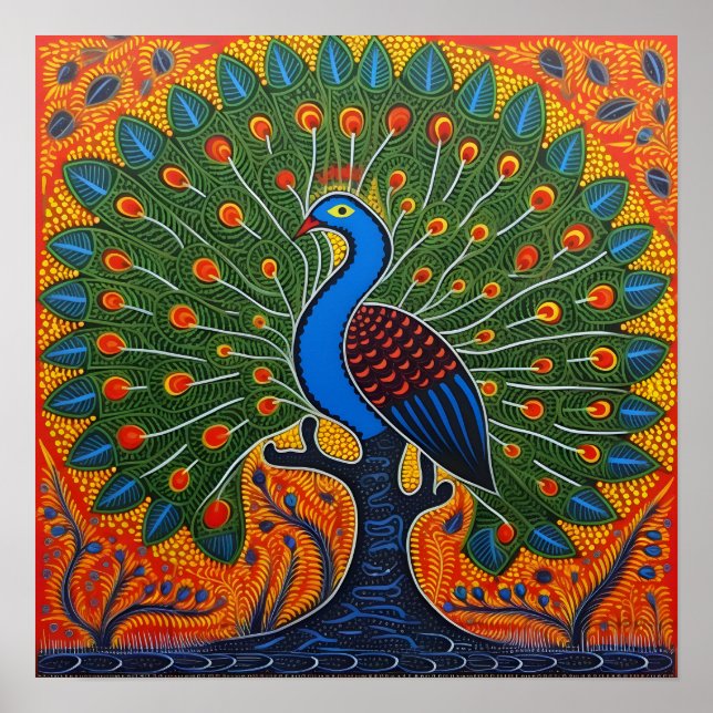Indian Gond Art Peacock Orange | Art of India Poster (Vorne)