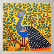 Indian Gond Art Peacock Yellow | Art of India