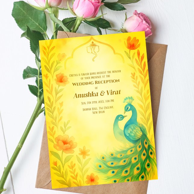 Indian Hindu Hochzeitsempfang Peacock Floral Einladung (Von Creator hochgeladen)