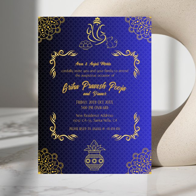 Indian Hindu Housewarming Griha Pravesh Golden Einladung (Von Creator hochgeladen)