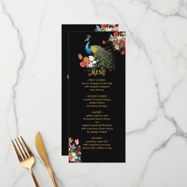 Indian Hindu Peacock Floral Wedding Menu Menükarte (Vorderseite/Rückseite Beispiel)