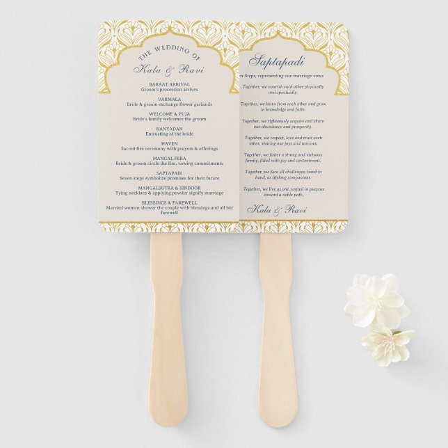 Indian Hindu Saptapadi Gold Wedding Program Fächer (Vorne und Hinten)