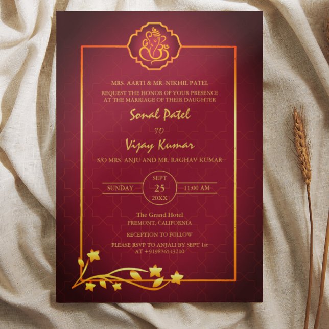 Indian Hindu Wedding Ganesha Logo Golden Elements Einladung (Von Creator hochgeladen)