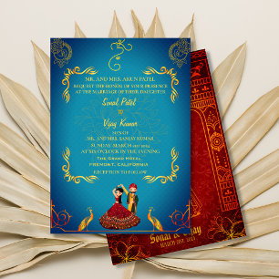Indian Hindu Wedding Royal Golden Peacock Aquamari Einladung
