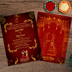 Indian Hindu Wedding Royal Golden Peacock Maroon Einladung