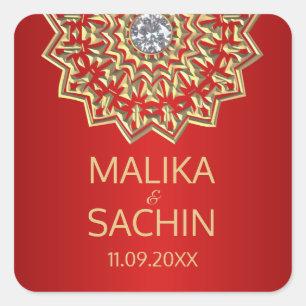 Indian Mandala Blume RED Gold Wedding Siegel Quadratischer Aufkleber