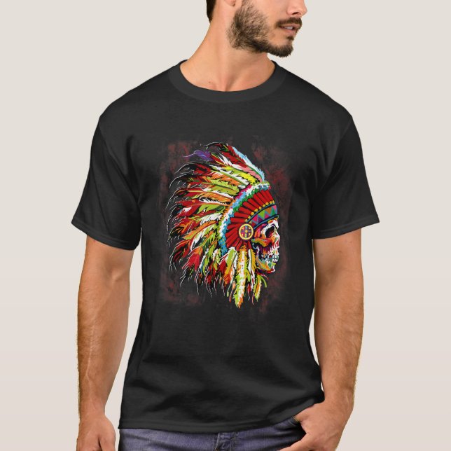 Indian Native American Chief Skull Motorcycle Head T-Shirt (Vorderseite)