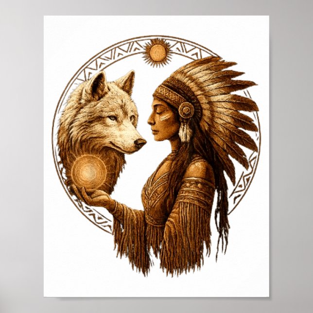 Indian Native American Woman With White Wolf Vinta Poster (Vorne)