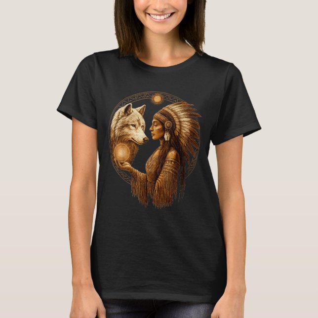 Indian Native American Woman With White Wolf Vinta T-Shirt (Vorderseite)