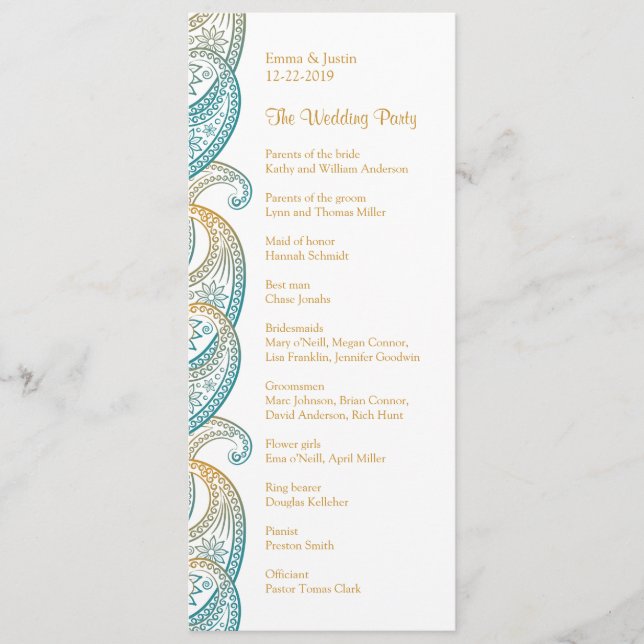 Indian Paisley Aquamarin und Gold Wedding Programm (Vorderseite)