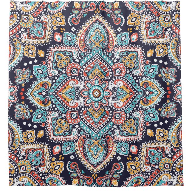 Indian Paisley: Ethnisches Mandala Muster Duschvorhang (Vorderseite)
