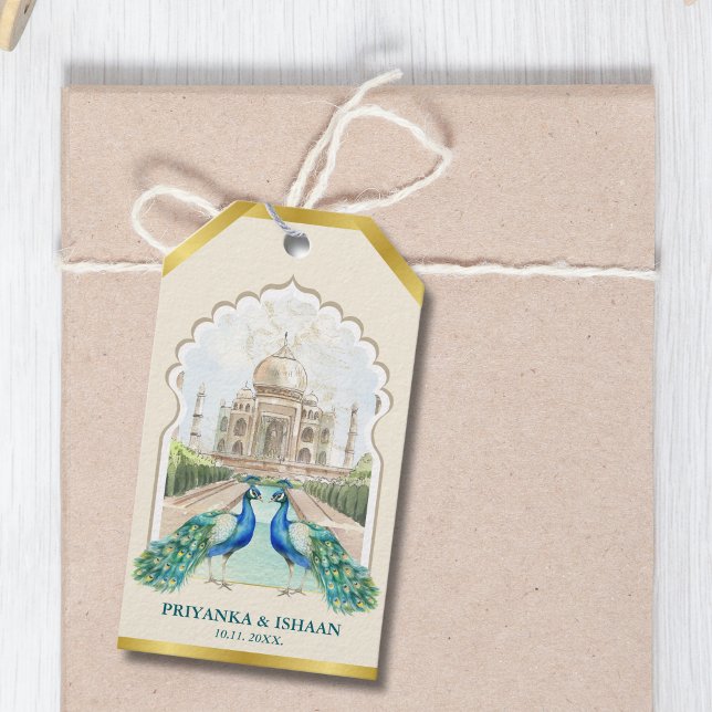 Indian Peacock Gold Taj Mahal Ästhetische Hochzeit Geschenkanhänger (Peacocks Gold Taj Mahal Aesthetic Indian Hindu Punjabi Traditional Wedding Gift Tag)